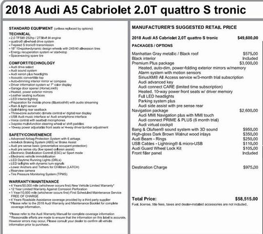 2018 Audi A5 2.0T quattro Premium Plus Cabriolet AWD