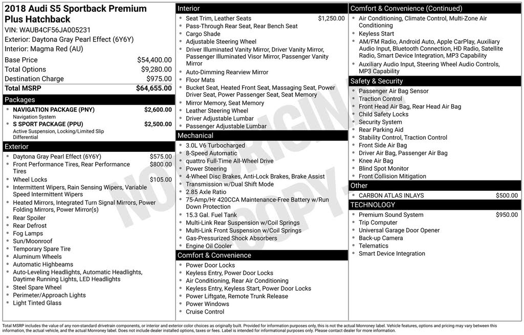 2018 Audi S5 Sportback 3.0T quattro Premium Plus AWD
