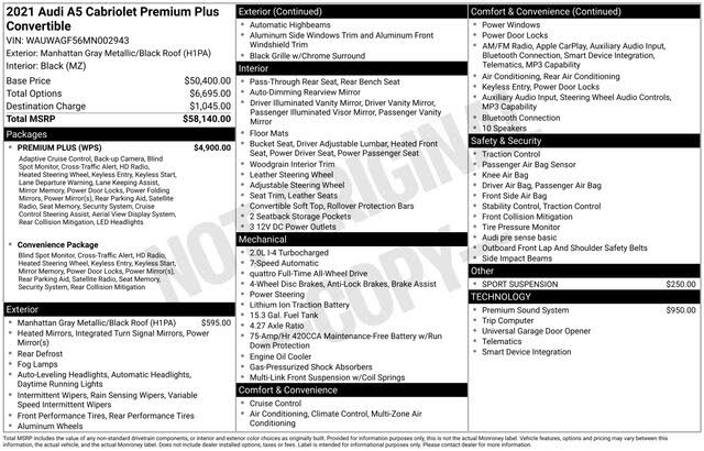 2021 Audi A5 quattro Premium Plus 45 TFSI Convertible AWD