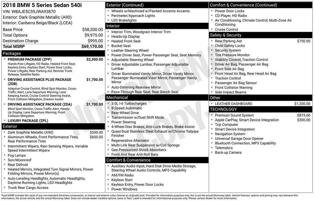 2018 BMW 5 Series 540i Sedan RWD