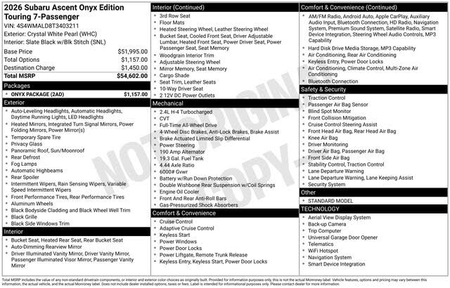 2026 Subaru Ascent Onyx Edition AWD