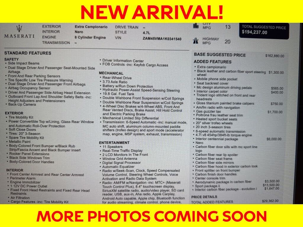 2019 Maserati GranTurismo Sport Convertible RWD