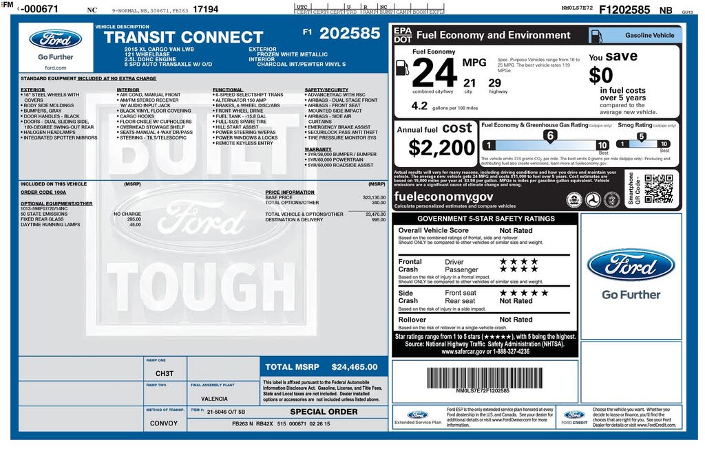 2015 Ford Transit Connect Cargo XL LWB FWD with Rear Cargo Doors
