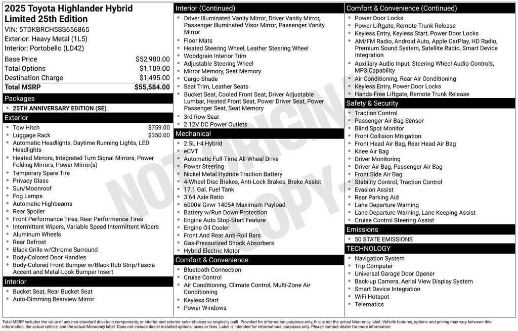 2025 Toyota Highlander Hybrid Limited 25th Edition AWD