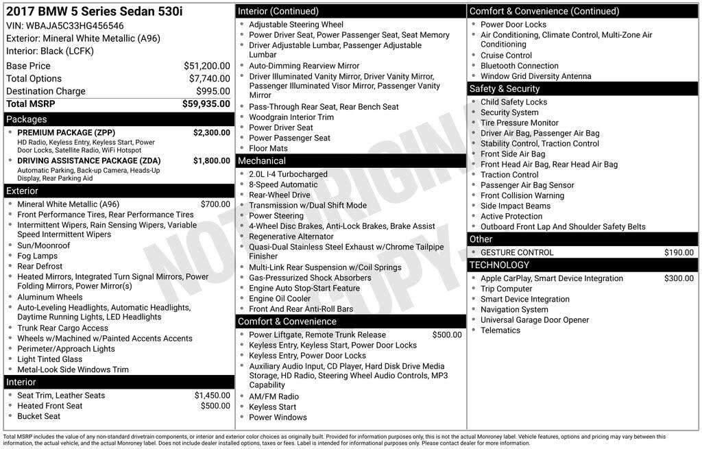 2017 BMW 5 Series 530i Sedan RWD