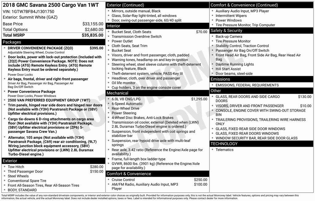 2018 GMC Savana Cargo 2500 Extended RWD