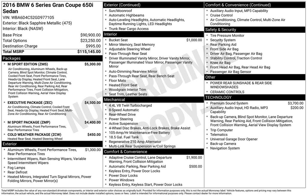 2016 BMW 6 Series 650i Gran Coupe RWD
