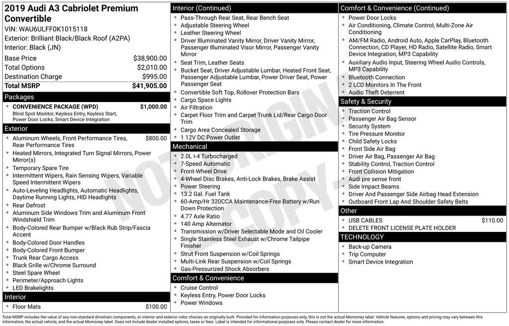 2019 Audi A3 Premium 40 TFSI Cabriolet FWD