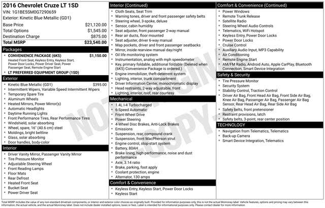2016 Chevrolet Cruze LT Sedan FWD