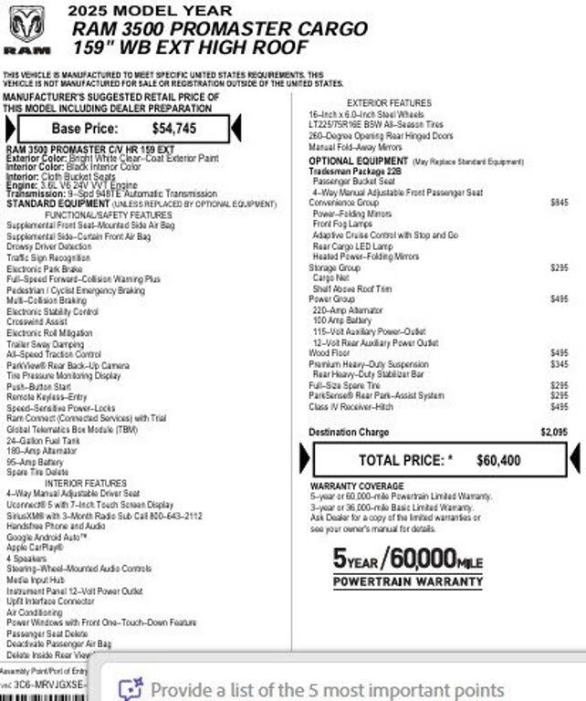 2025 RAM ProMaster 3500 Tradesman159 High Roof Extended Cargo Van FWD