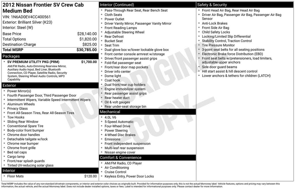 2012 Nissan Frontier SV V6 Crew Cab 4WD