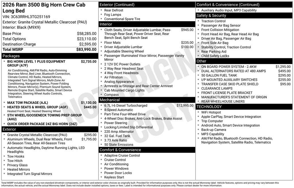 2026 RAM 3500 Big Horn Crew Cab LB DRW 4WD