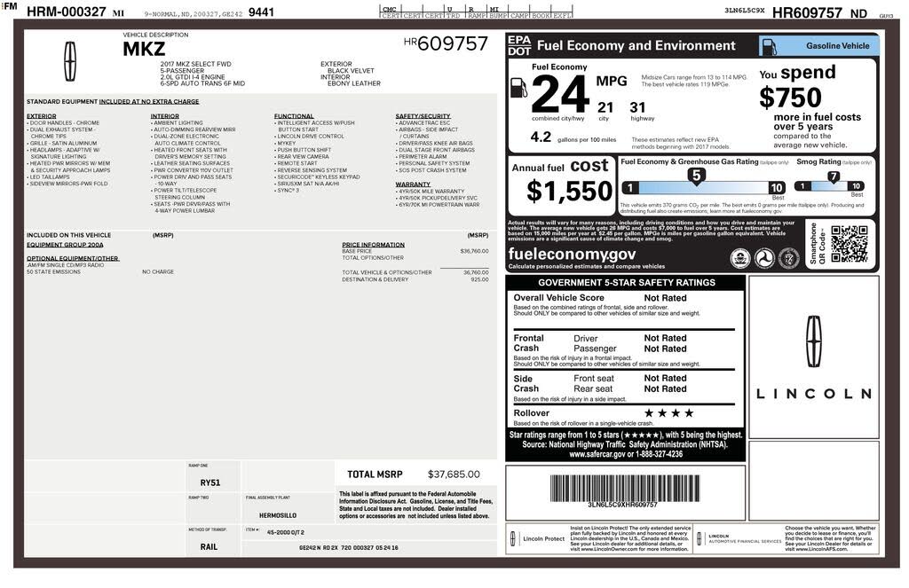 2017 Lincoln MKZ Select FWD