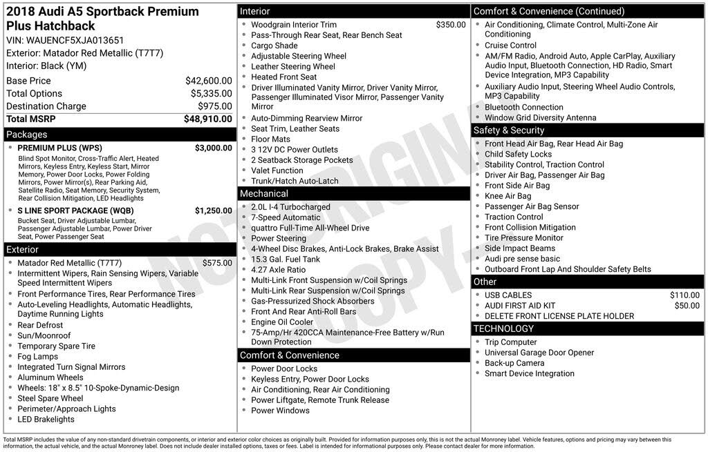 2018 Audi A5 Sportback 2.0T quattro Premium Plus AWD